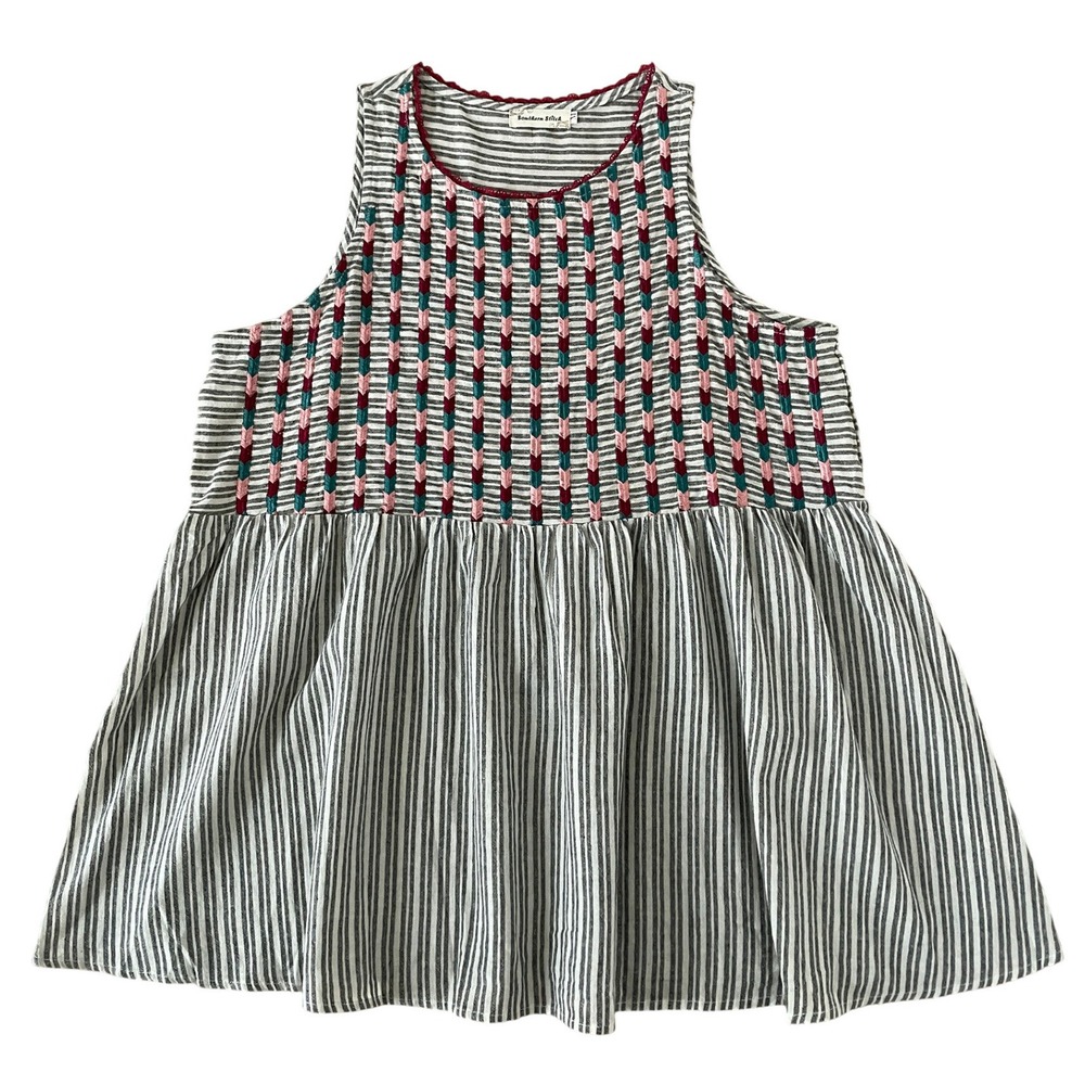 Southern Stitch Womens Gray Striped Embroidered Babydoll Tank Top Size M Boho